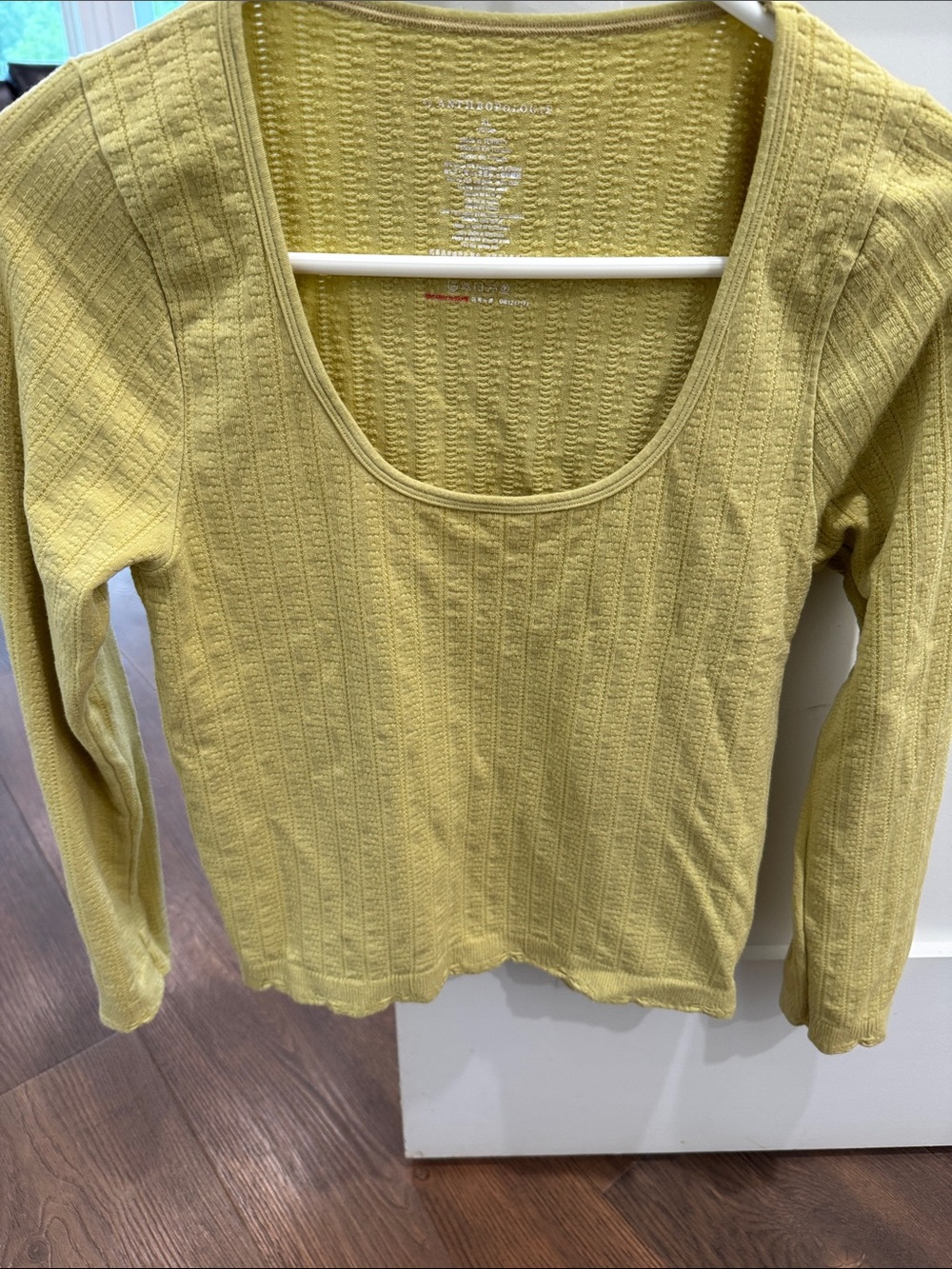 Anthropologie Ribbed Scoop-Neck Long Sleeve Top in Yellow-Green